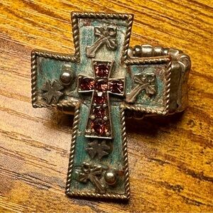 Vintage Silver Tone Cross Stretch Ring Red Rhinestone Western Christian